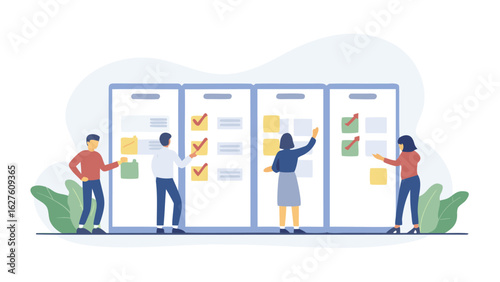 Team collaboration using agile board with sticky notes and task management for project development and planning