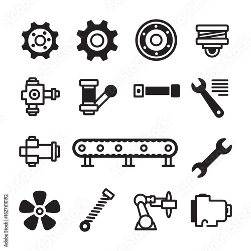  Black outline icons representing mechanical engineering elements, all isolated on a pure white background. 