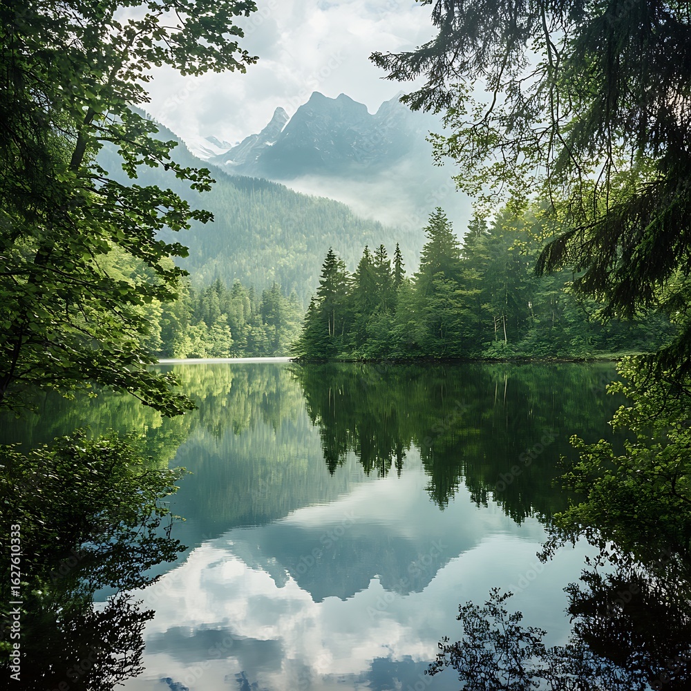 Naklejka premium Lush vegetation surrounds lake with blue sky mirrored water high resolution picture