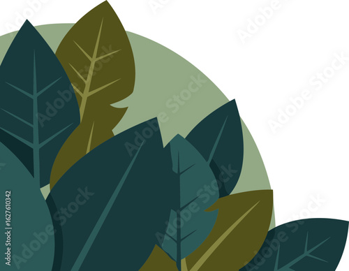 Abstract graphic design of overlapping leaves in teal and olive green tones against a light sage green background. Simple, stylized illustration with a minimalist aesthetic.