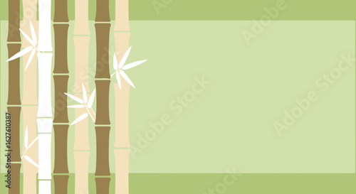 Bamboo stalks and leaves in a soft green and beige color palette. Abstract representation of nature with a minimalist design.