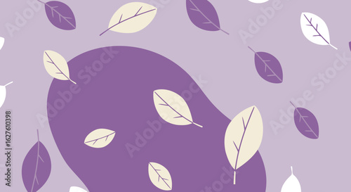 Abstract pattern of various leaves in muted purple, cream, and light green tones with a soft, dynamic arrangement.