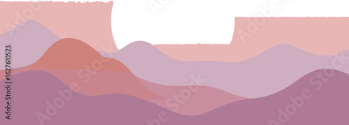 Pastel mountain landscape with soft color gradients. Peaceful, serene view of mountains with a large sun in the background. Abstract art. no specific location -