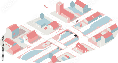 Isometric illustration of a charming suburban town with pastel-colored houses and roads, showcasing a peaceful and residential community.