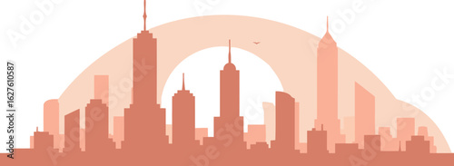 Silhouette of a modern city skyline in a muted peach tone. A peaceful sunrise or sunset casts soft light on the buildings, creating a tranquil and sophisticated aesthetic.
