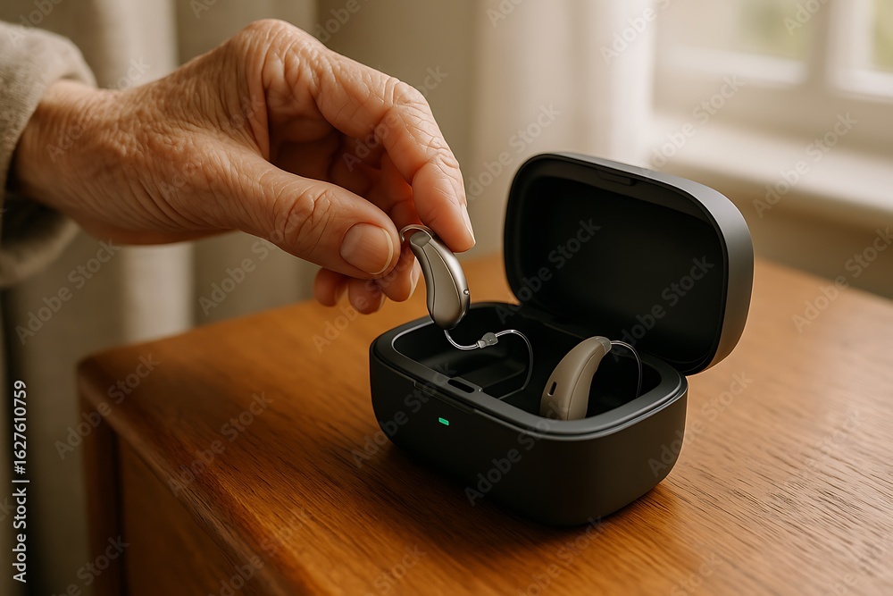 Fototapeta premium Aging hands gently handling a hearing aid in a case, highlighting the intimate morning routine of using and caring for a hearing device