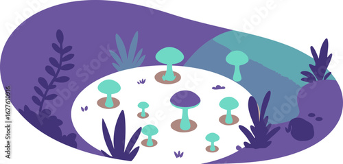 Abstract mushroom meadow with vibrant color gradients in a stylized, flat design. A collection of various colored mushrooms, nestled amongst simple plants, sits atop a stylized landscape.