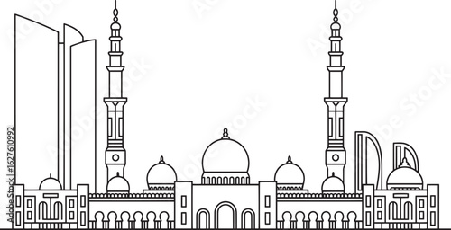 Detailed Abu Dhabi Skyline Outline Vector Illustration Depicting Emirati Cityscape with Landmarks