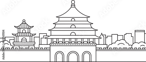 Detailed Asian Cityscape Line Art Vector Illustration with Pagodas and Traditional Buildings
