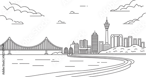 Detailed Busan Cityscape Outline Vector Illustration with Bridge and Tower on Transparent Canvas