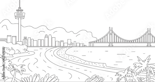 Detailed Busan Skyline Outline Vector Illustration Featuring Iconic Landmarks and Coastal Scenery in South Korea