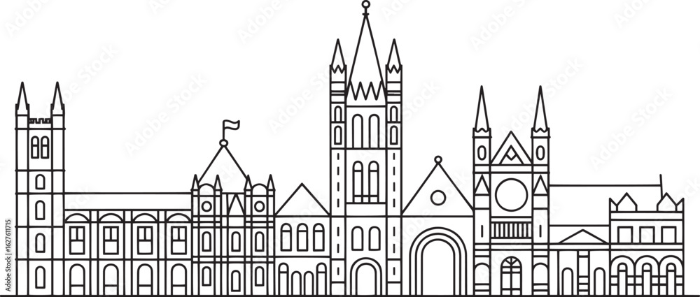 Obraz premium Detailed Canterbury Skyline Outline Vector Illustration Depicting British Landmarks and Architecture