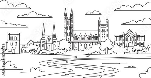 Detailed Canterbury Skyline Outline Vector Illustration Depicting English Cityscape with Landmarks