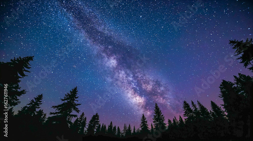 The Milky Way galaxy arches majestically across a star-studded night sky, framed by the silhouetted tops of pine trees in a dark, mountainous forest.