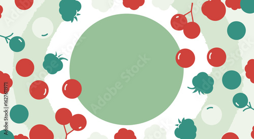 Abstract illustration of various berries with a light green background and a central, pale green circle.