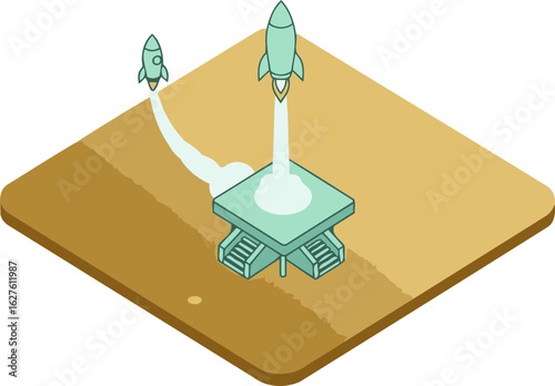 Isometric illustration of two rockets launching from a platform on a desert planet. Futuristic design of rockets and launchpad with a pastel color scheme.