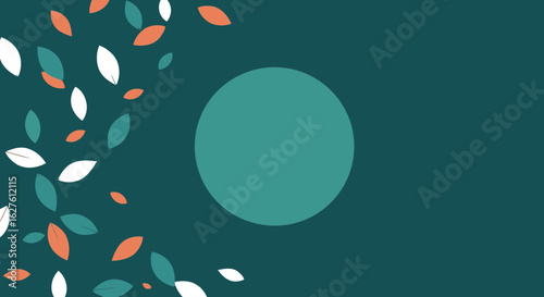 Abstract design with scattered leaves in teal and peach colors on a dark teal background. Empty space in the center for text or design elements.