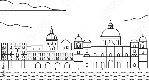 Detailed Line Art of a European Cityscape with Riverfront Buildings and Dome Structures Outline Style