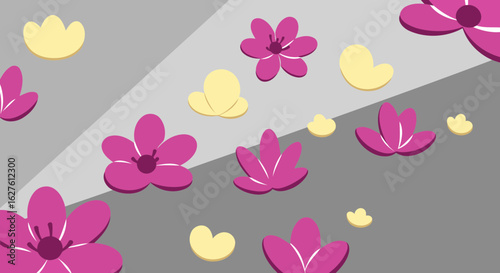 Abstract floral design with various shades of pink and yellow flowers on a grey background. Flat, 3D style flowers in various positions and sizes create a visually interesting pattern.