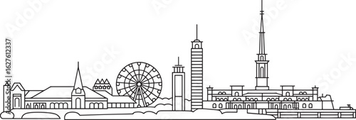 Detailed Line Art of Coney Island Skyline Featuring Ferris Wheel on a Clear Backdrop