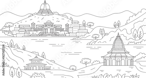 Detailed Line Art of Asian Temples and Pagodas in a Mountainous Landscape Vector Illustration