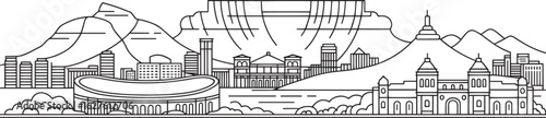 Detailed Line Art Skyline of Cape Town, South Africa Depicting Iconic Buildings and Landmarks