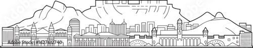 Detailed Line Art Skyline of Cape Town, South Africa Depicting Iconic Buildings and Landmarks