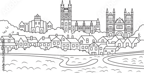 Detailed Outline of a European Cityscape with Churches, Houses, and a River on a Transparent Backdrop