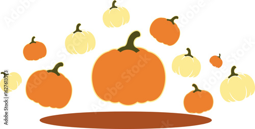 Pumpkin design with autumnal colors in flat style. Pumpkins levitating against an orange background, implying a fall or harvest theme.