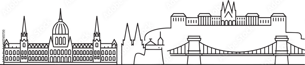 Fototapeta premium Detailed Outline of Budapest Skyline Vector Illustration with Iconic Landmarks and Buildings