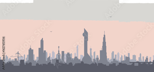 Cityscape silhouette of a modern metropolis at dawn/dusk. Silhouetted skyscrapers and buildings, with pastel sunrise/sunset colors, displayed in a graphic flat design.