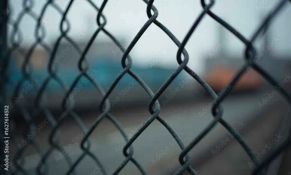 Fototapeta premium Chain Link Fence Foreground Blurry Industrial Background