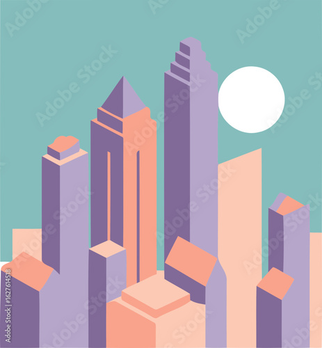 Abstract cityscape with pastel buildings in a modern aesthetic. Geometric structures with a minimalist style in a flat lay composition.