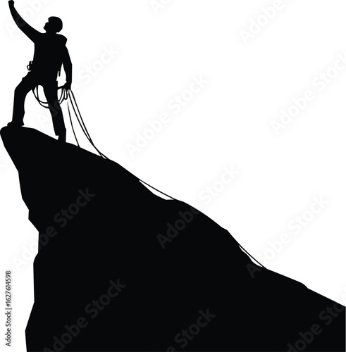 A solo rock climber silhouette standing triumphantly at the peak of a dramatic cliff face with one arm raised high in victory