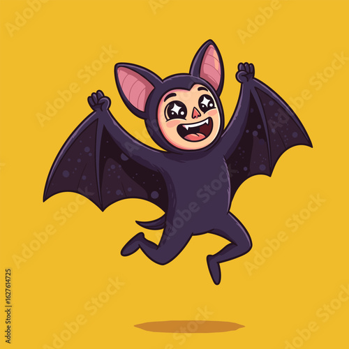 Cartoon bat-kid with wide eyes and toothy grin stands confidently on bright yellow background.