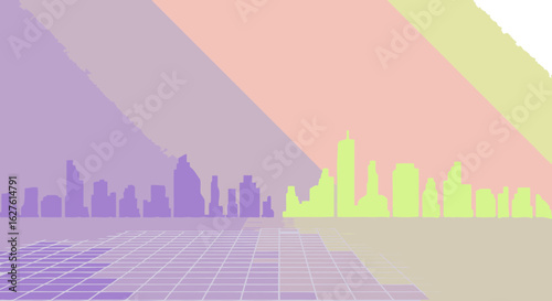 Stylized pastel city skyline with a gridded floor, ideal for futuristic tech ads or artistic editorial visuals.