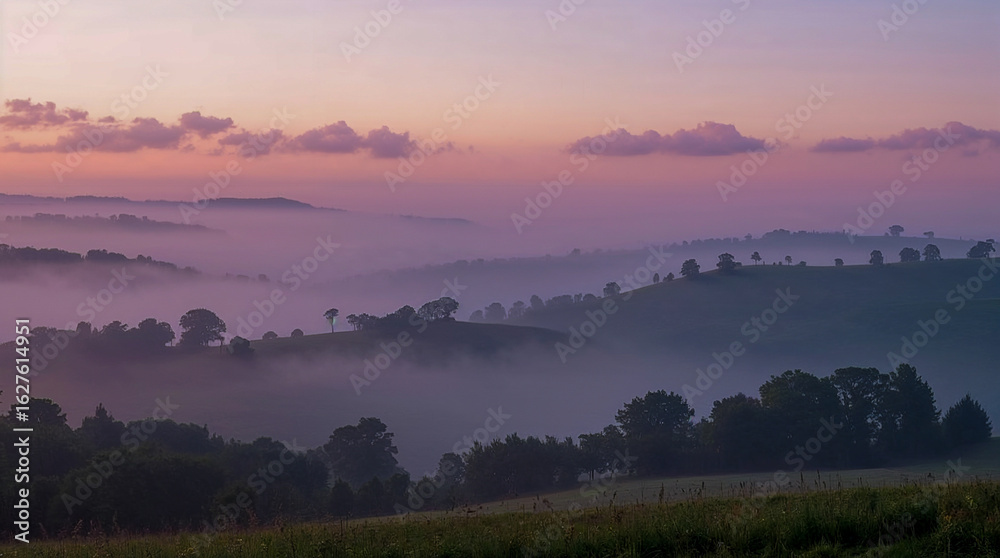 Fototapeta premium A serene misty landscape at sunrise, with rolling hills shrouded in fog and the sky painted in soft hues of pink and purple.