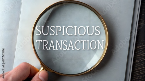 Magnifying glass reveals suspicious transaction text on a document