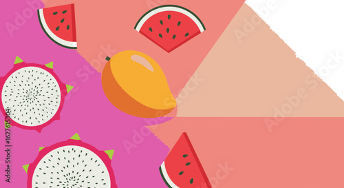 Fruit slices with vibrant colors in a geometric arrangement. Colorful fruit slices, displayed in a flat lay style, against a gradient background of various shades of pink, with geometric shapes.