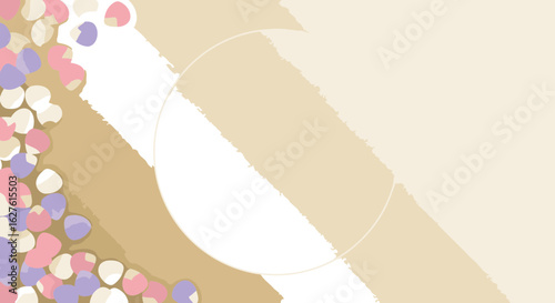 Pastel flower petals scattered around a blank space in a soft, beige background. Delicate, colorful petals create a visually appealing backdrop with a muted palette.