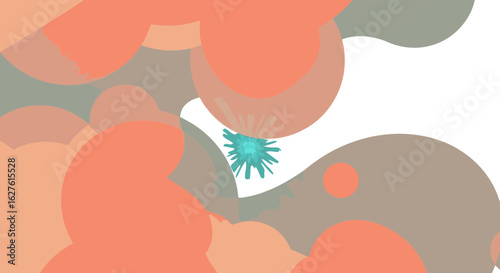 Abstract graphic design featuring overlapping circles and soft color gradients in muted peach, teal, and taupe. Dynamic and seamless blended shapes with a subtle spotlight effect.