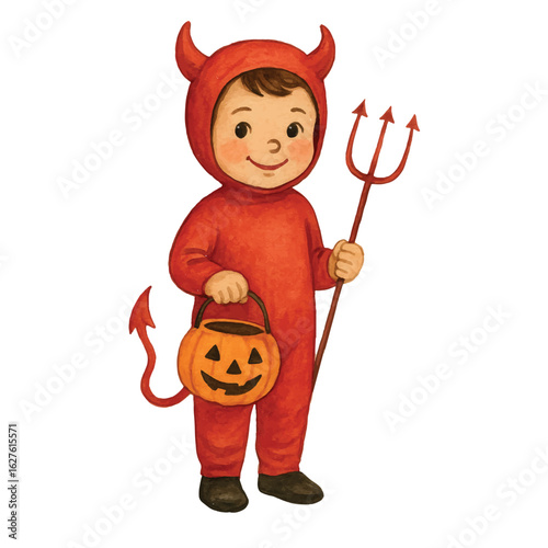 Vector Charming watercolor illustration of a boy dressed as a little devil with a trident and pumpkin candy bucket. Perfect for vintage Halloween prints, cards, and festive designs.