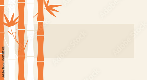 Abstract bamboo stalks in varying shades of orange and sage green against a neutral backdrop. Simple, stylized illustration of nature.