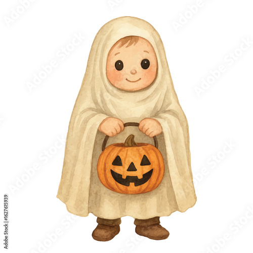 Vector Adorable vintage-style watercolor illustration of a boy in a ghost costume holding a jack-o'-lantern candy bucket. Perfect for Halloween cards, prints, posters, and decorations.