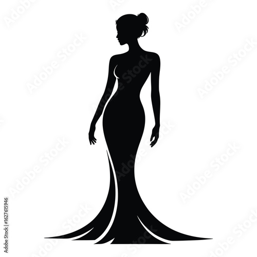 Elegant Woman Silhouette in Long Dress Standing Gracefully with her Hair Up Ready for an Event or Celebration