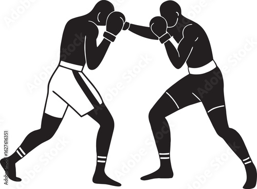 Boxers in close combat with high guard positions. A minimal and sharp vector perfect for combat sports content or gym-related branding.