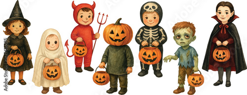Vector Cute vintage-style watercolor illustration of seven children in Halloween costumes: witch, ghost, devil, pumpkin head, skeleton, zombie, and vampire – perfect for festive design and decoration