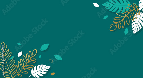 Teal background with decorative tropical leaves in gold, teal, and blush pink. Abstract design with no people or objects.