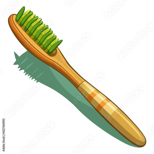 Cartoon toothbrush with green bristles and wooden handle isolated on transparent background isolated on white background