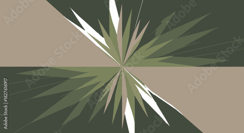 Abstract geometric pattern with radiating shapes in muted olive green and beige tones. Dynamic radiating design with a central point of focus. Contemporary graphic design -